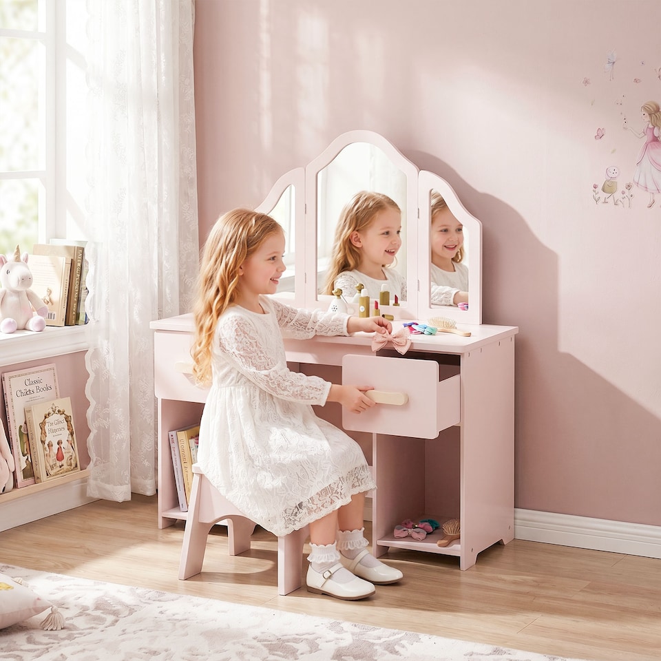 image 1 of AIYAPLAY Kids Vanity Table and Chair Set with Tri-Folding Mirror for 3+