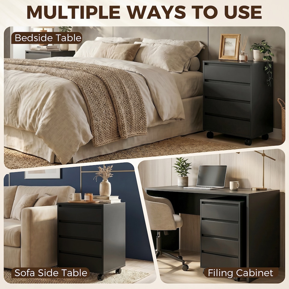 image 1 of HOMCOM Mobile Vertical Filing Cabinet with 4 Drawers for Home Office, Black