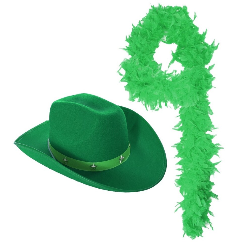 image 1 of Pack of 1 Green Star Studded Cowboy Hat & Feather Boa Green | One Size