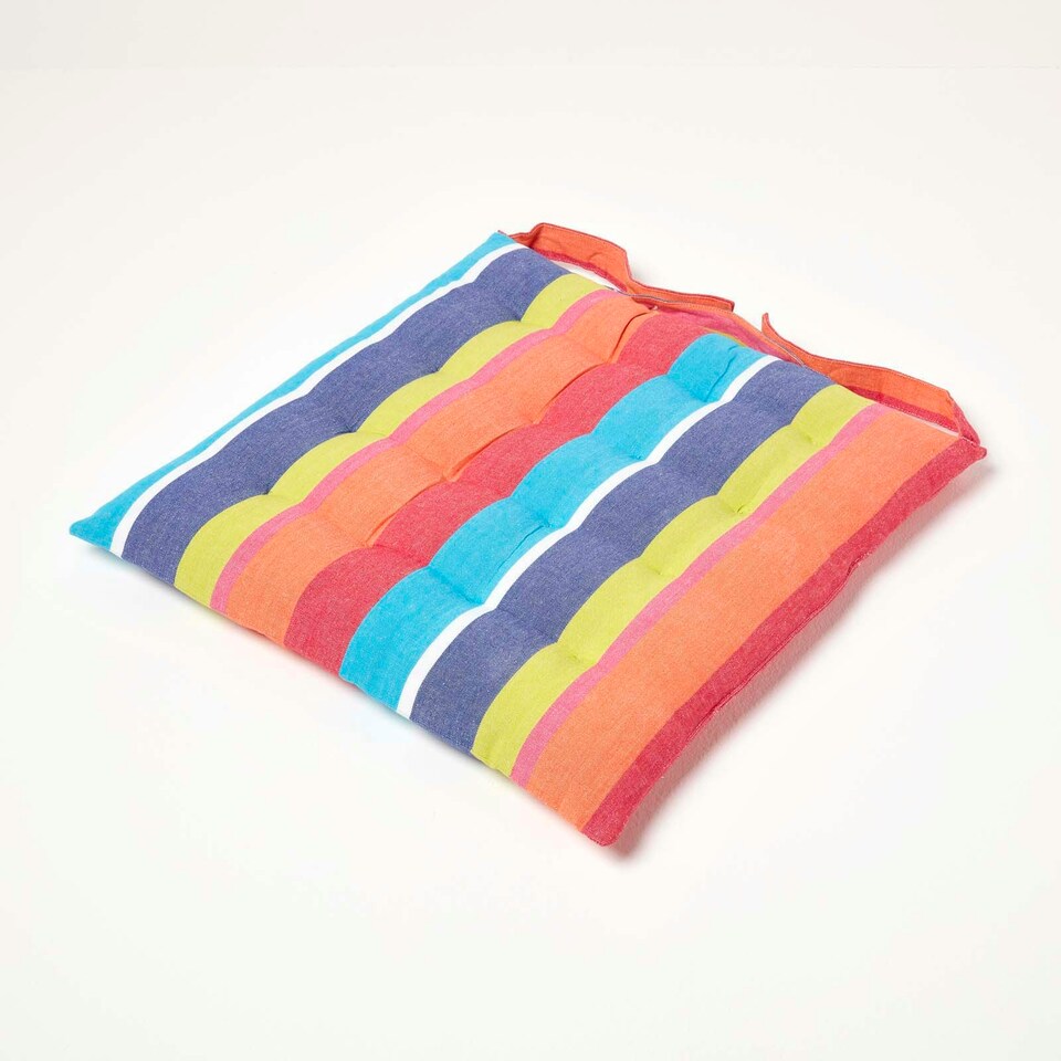 image 1 of Homescapes Seat Pad Luxury 100% Cotton Stripe Indoor Outdoor Garden Dining Cushion Multi | 40 x 40 cm