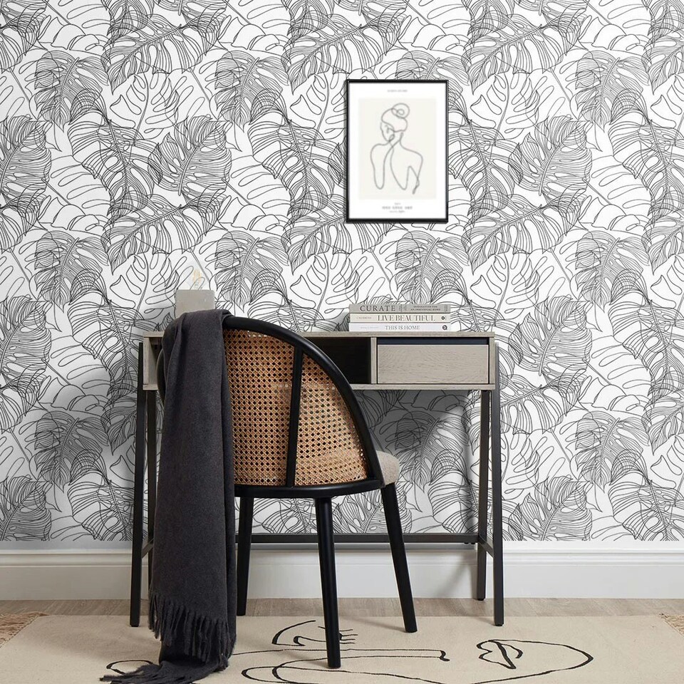 image 1 of Monstera Leaf Wallpaper in Monochrome Multi
