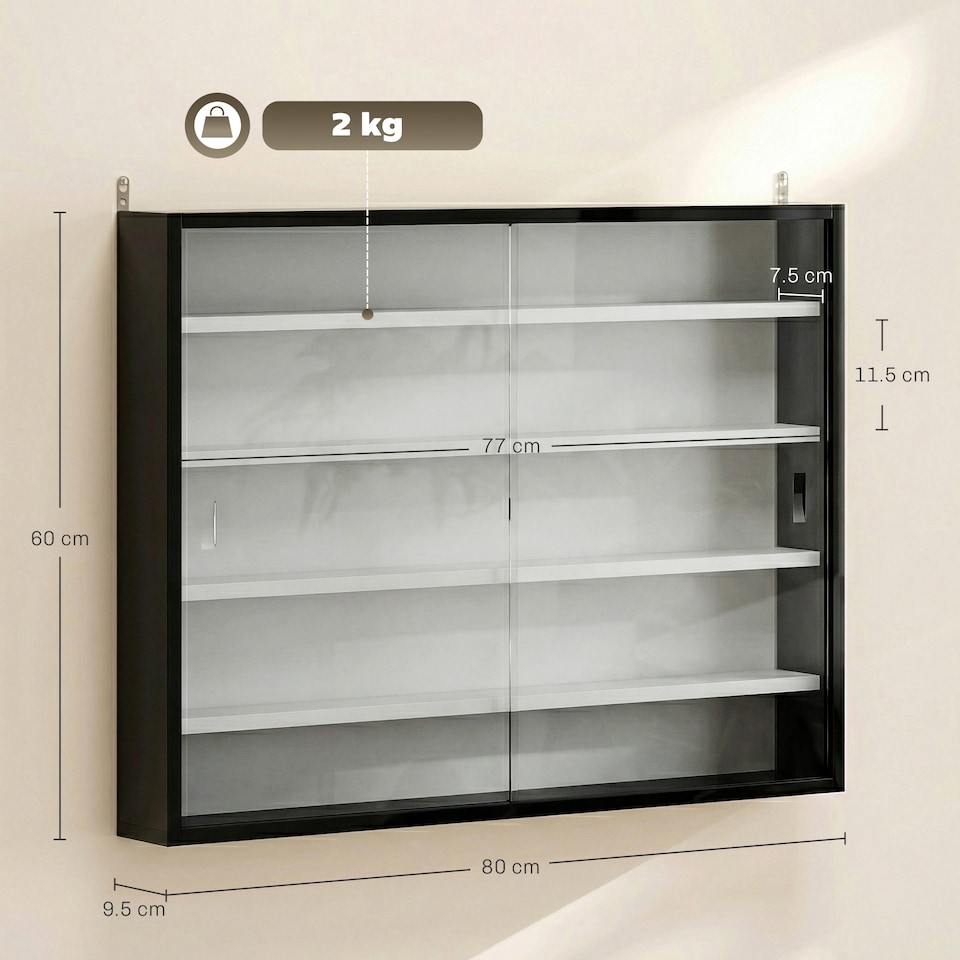image 1 of HOMCOM 5-Tier Wall Display Shelf Cabinet with Glass Doors, Black and White | Multi | Black with white shelves | Overall size: 80W x 9.5D x 60H cm