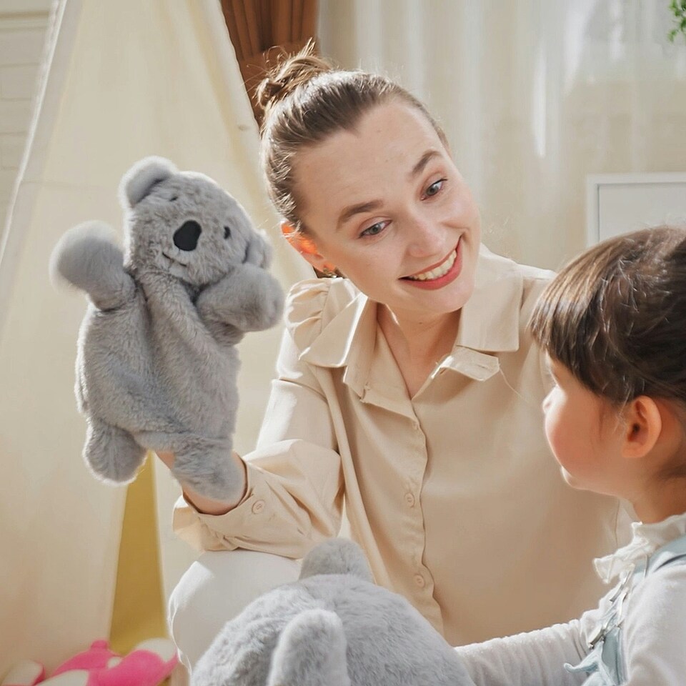image 1 of HOMCOM Kids Plush Ride-On Rocking Horse Koala-shaped Toy w/ Gloved Doll Grey