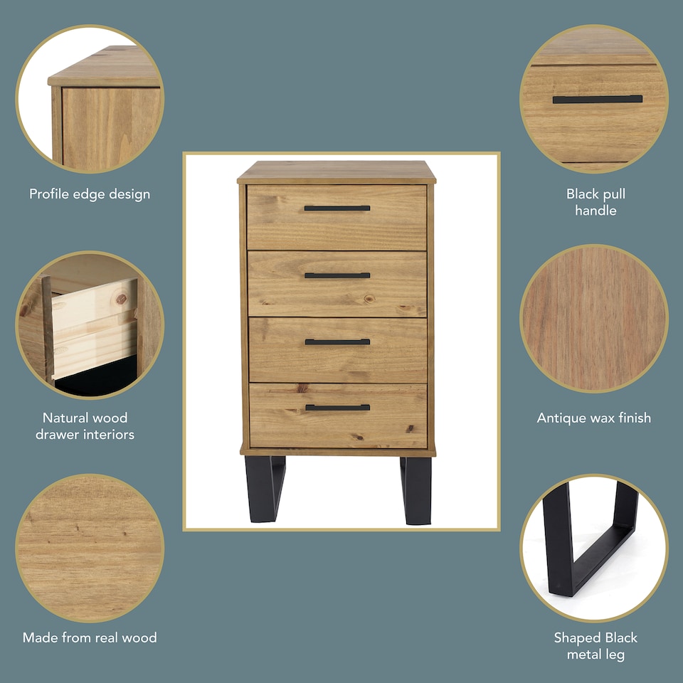 image 1 of Texas 4 Drawer Narrow Chest of Drawers - Industrial Style Pine Bedroom Storage Cabinet with Metal Legs | Brown | Brown | 1