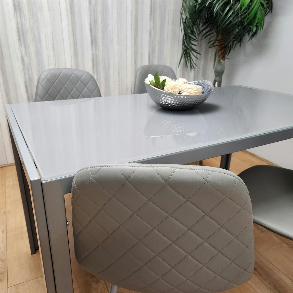 image 1 of Glass Dining table and 4 grey leather chairs  Grey Glass Table And 4 Chairs kitchen dining room furniture Grey