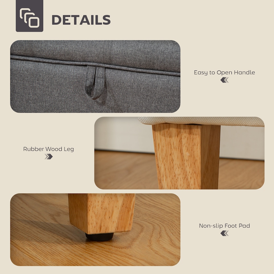 image 1 of HOMCOM Linen Storage Ottoman Storage Box with Rubberwood Legs, Charcoal Grey | Grey