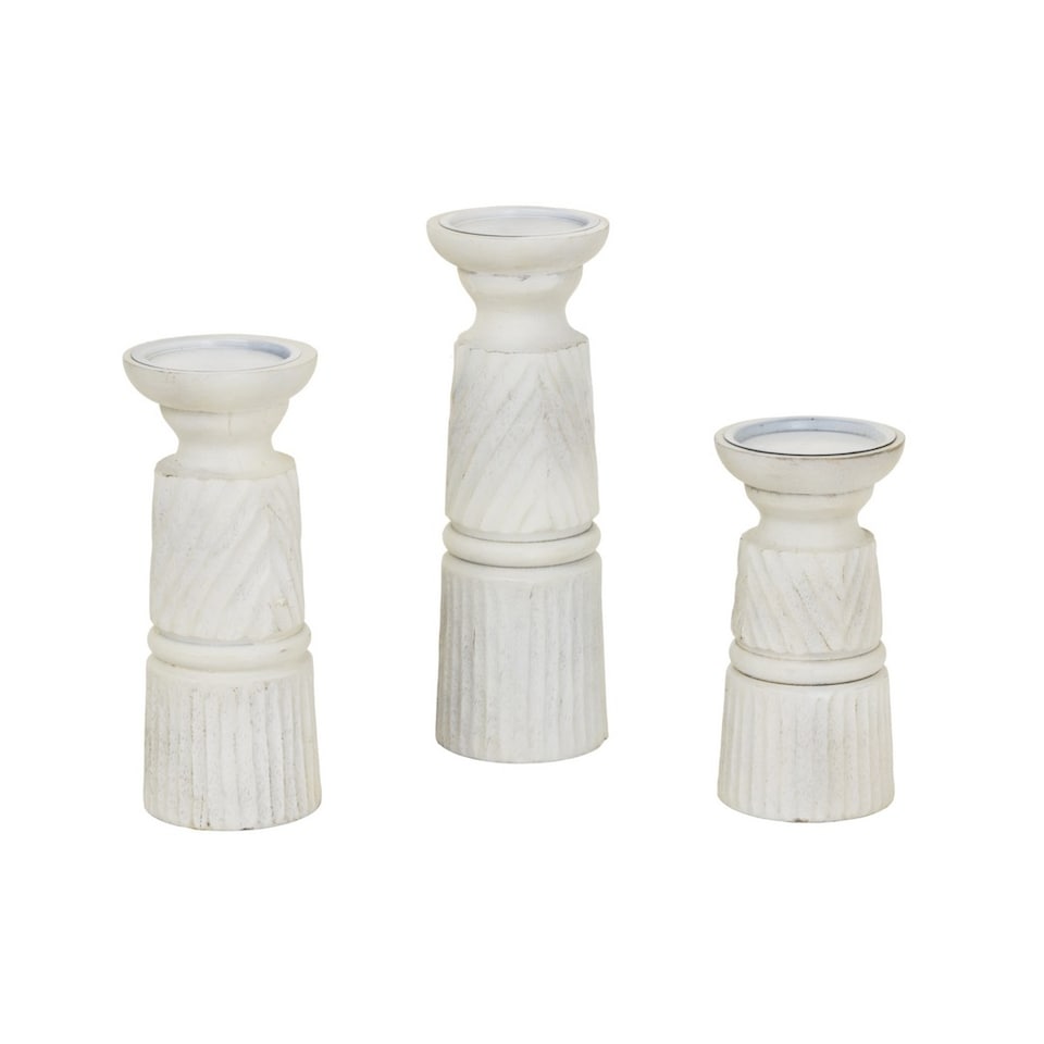 image 1 of Large Carved Candle Holder - Wood - L10 x W10 x H30 cm - White