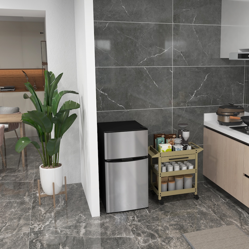 image 1 of HOMCOM 88L Under Counter Fridge Freezer with 5-Setting Thermostat, Small Fridge with Light, 2 Reversible Doors, Removable Shelves and Ice Box, 3 Star Freezer Rating, E Rated, Black and Silver Tone