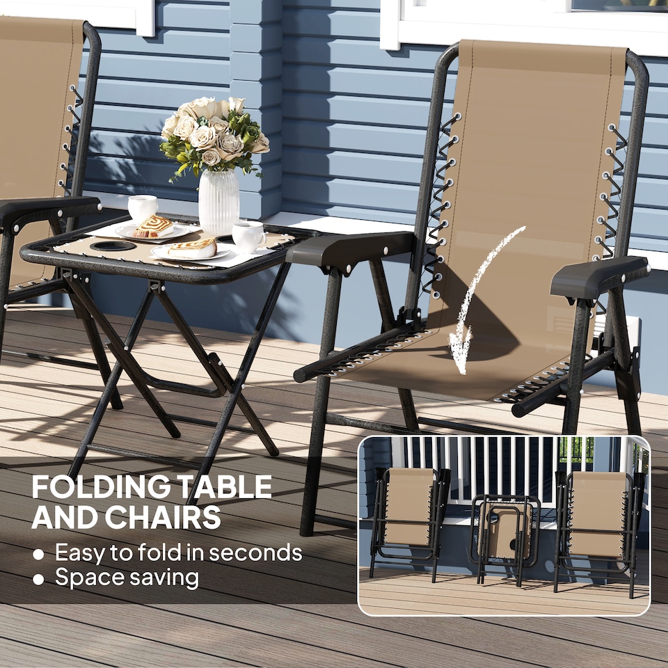 image 1 of Outsunny 3 Pieces Garden Bistro Set, Folding Table and Chairs Set, Metal Garden Furniture Set with Cup Holders for Outdoor, Patio, Balcony, Khaki | Brown