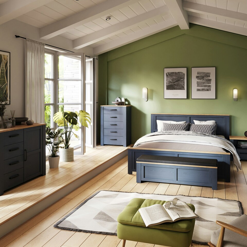image 1 of Bohol 5 Drawer Narrow Chest in Riviera Oak/Navy