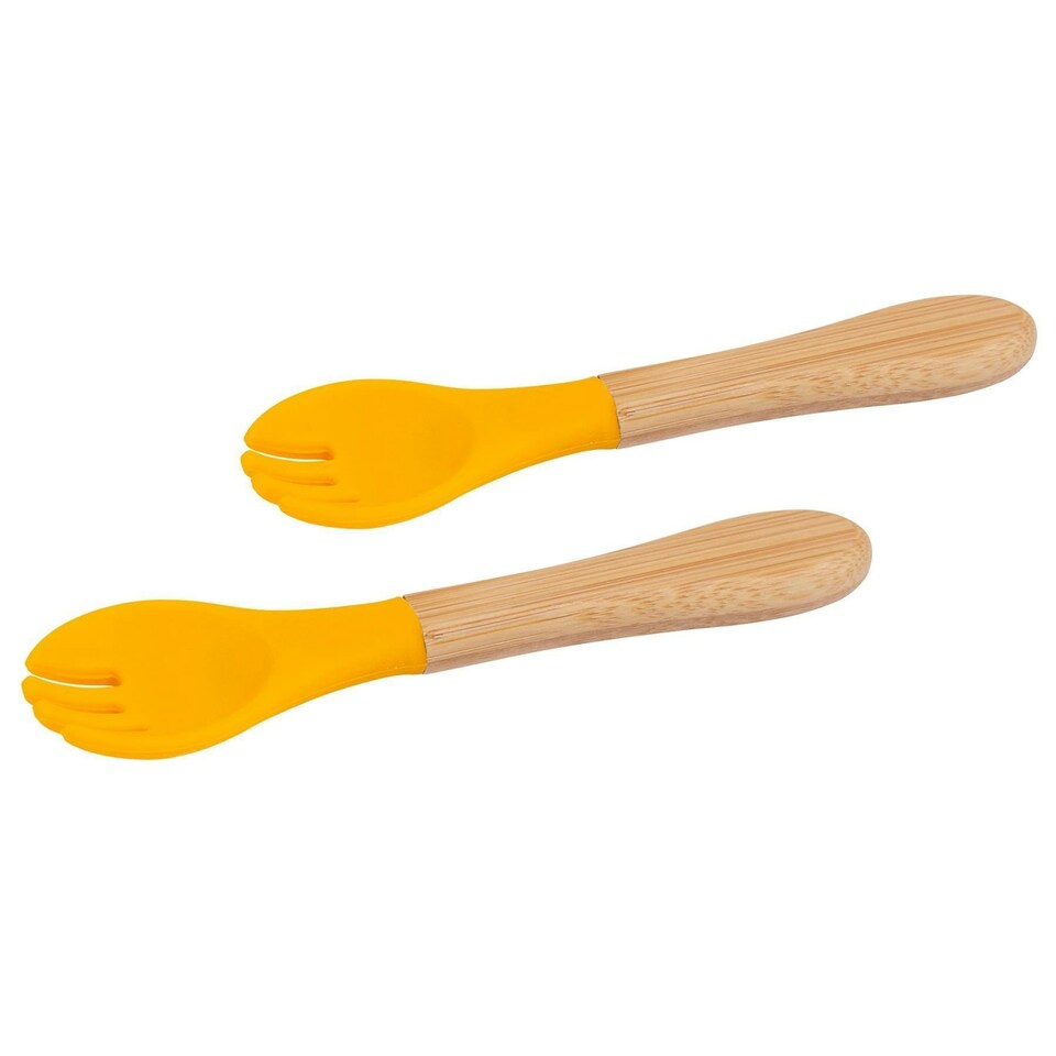 image 1 of Tiny Dining Bamboo Baby Weaning Forks with Silicone Tip - Yellow - Pack of 2