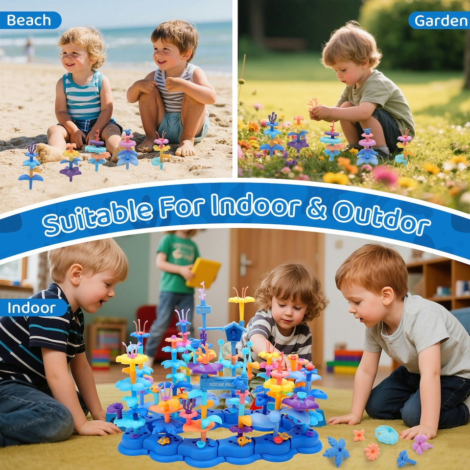 image 1 of 2 in 1 Ocean World and Flower Garden Building Toys 136 PCS STEM Construction Set for Kids