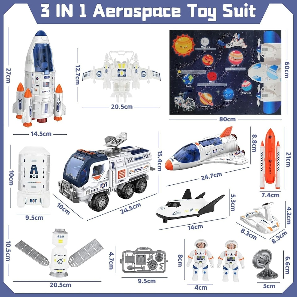 image 1 of Creative Space Adventure Toys for Kids Space Shuttle Rocket Set with Astronauts Rover Satellite and Solar System Mat