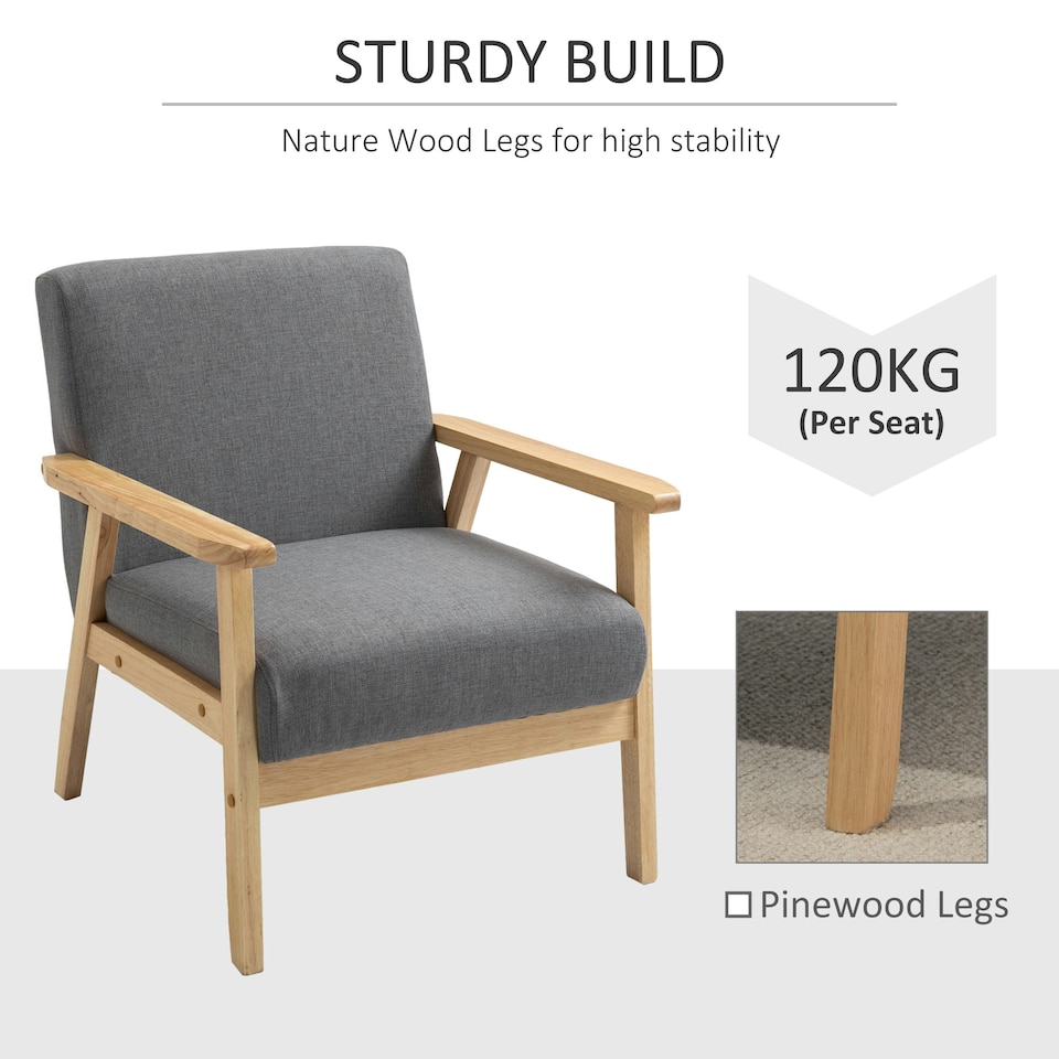 image 1 of HOMCOM Accent Chair with Wood Frame Wide Seat Linen Armchair Grey