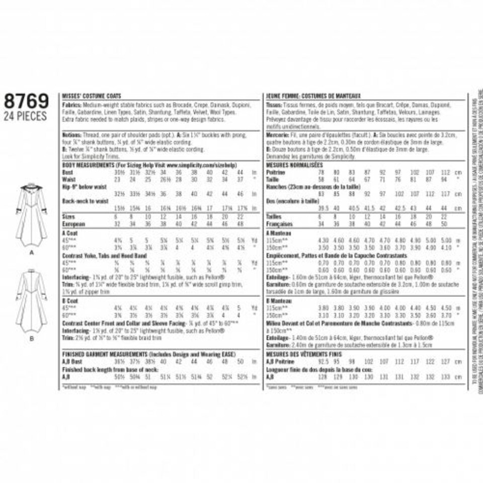 image 1 of Simplicity 8769 Paper Sewing Pattern – Women’s Costumes & Coats, Size H5 (6–8–10–12–14), Intermediate