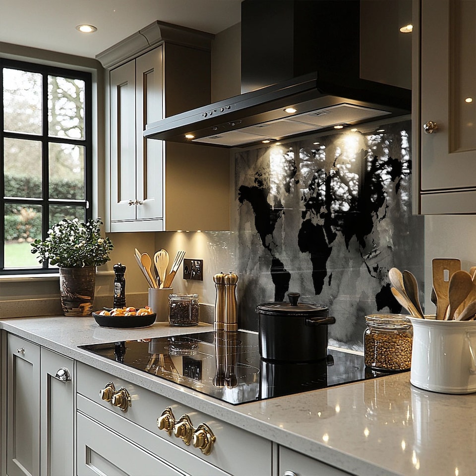 image 1 of Black And White World Map Splash Back | White