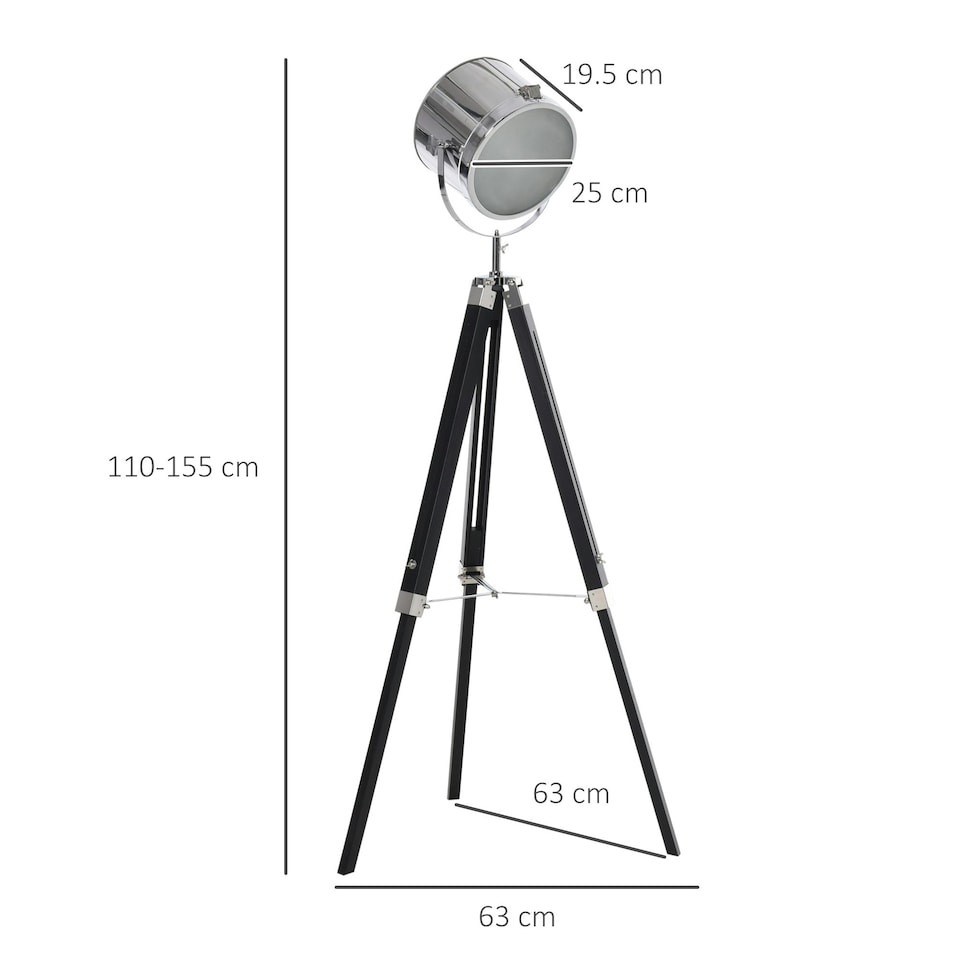 image 1 of HOMCOM Industrial Style Adjustable Tripod Floor Lamp, Searchlight Reading Lamp