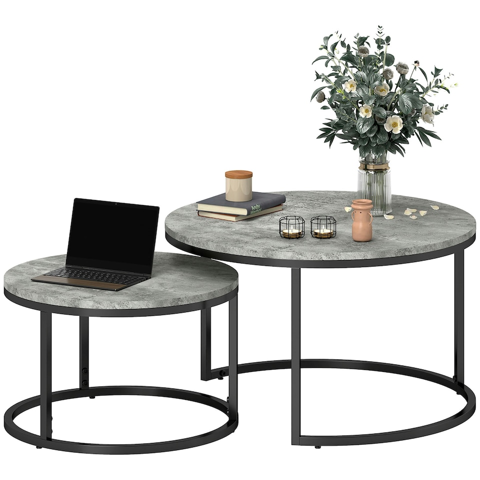 image 1 of HOMCOM 2 Pcs Stacking Coffee Table Set Steel Frame Marble-Effect Top Foot Pads | Grey | 78.5x78.5x46.5