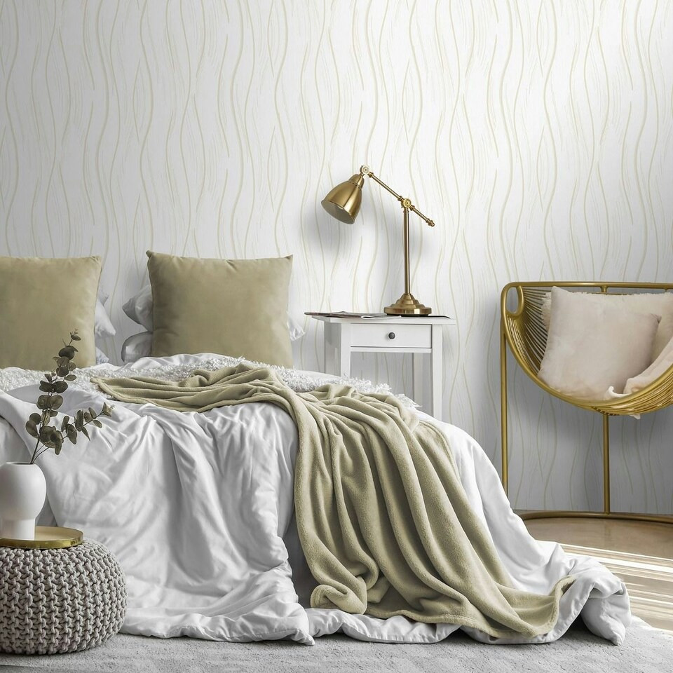 image 1 of World Of Wallpaper Shimmer Wave Textured Wallpaper - Natural Beige/Gold - 10m x 53cm Cream