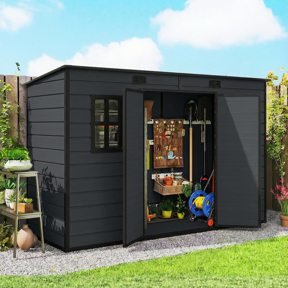 image 1 of Outsunny 10 x 4 ft Plastic Garden Shed with Floor, Lockable Doors Dark Grey | Grey | Dark Grey