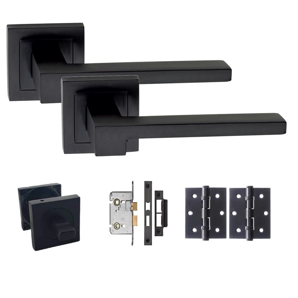 image 1 of Golden Grace Zeta Design Bathroom Door Handles Lever Latch on Square Rose in Matt Black Finish with Tubular Latch and Pair of 3" Ball Bearing Hinges Black