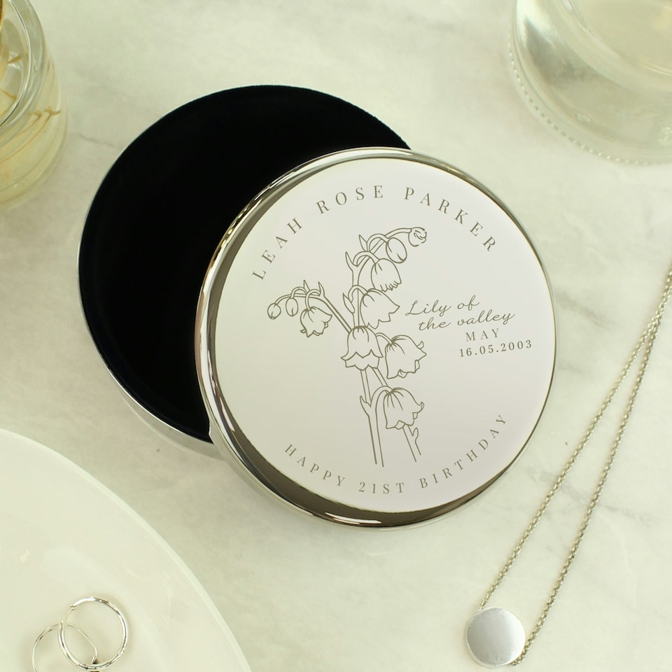 image 1 of Personalised May Birth Flower Round Trinket Box