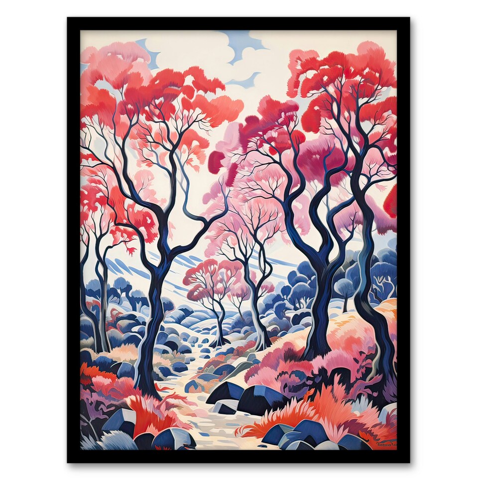 image 1 of Autumn Trees Countryside Landscape Pink Black Framed Wall Art Print A4