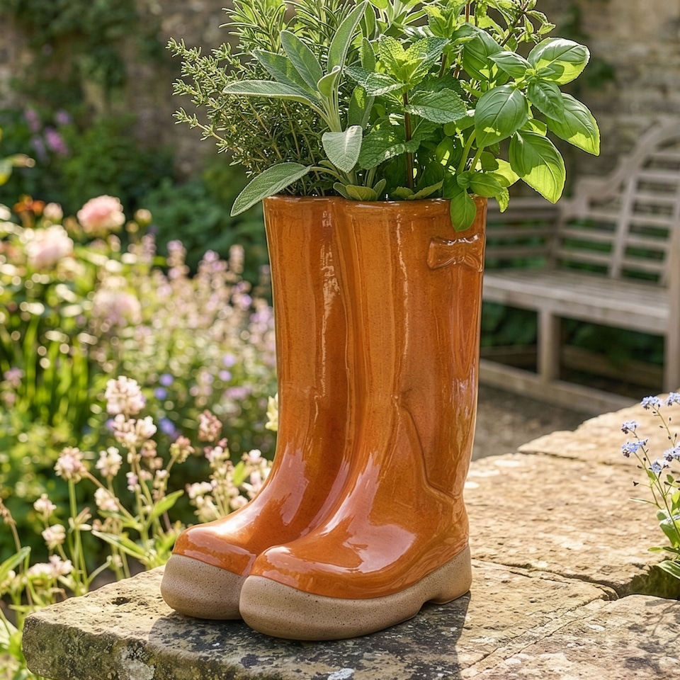 image 1 of Orange Double Wellington Boots Large Ceramic Indoor Outdoor Flower Pot Garden Planter Pot H29.5 x W24cm | Orange | Orange