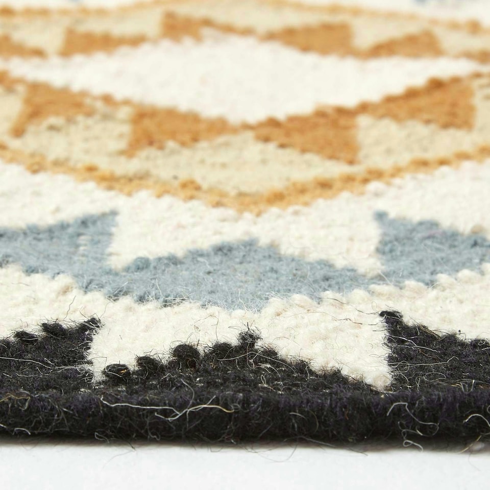 image 1 of Homescapes Agra Handwoven Diamond Kilim Wool Hall Runner - 66 x 200 cm | Multi | Yellow, gold, grey, black and white