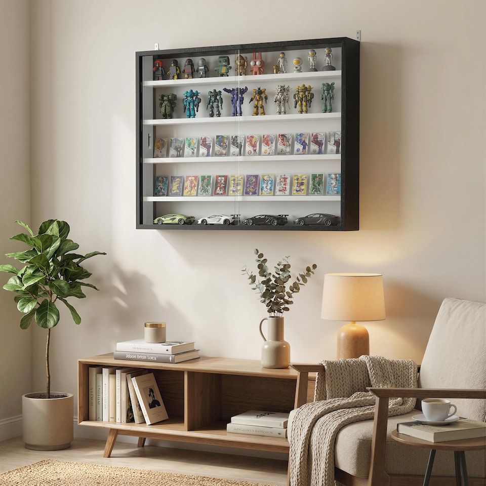 image 1 of HOMCOM 5-Tier Wall Display Shelf Cabinet with Glass Doors, Black and White | Multi | Black with white shelves | Overall size: 80W x 9.5D x 60H cm