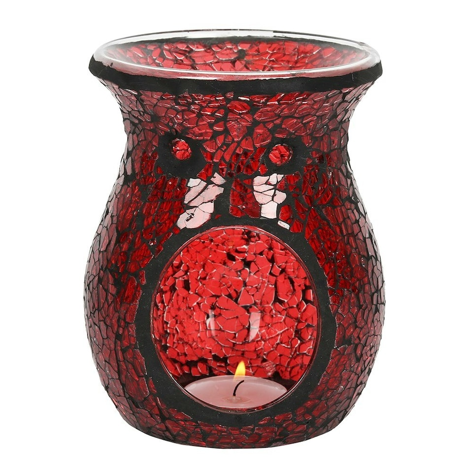 image 1 of Red Glass Crackle Oil Burner - 14cm