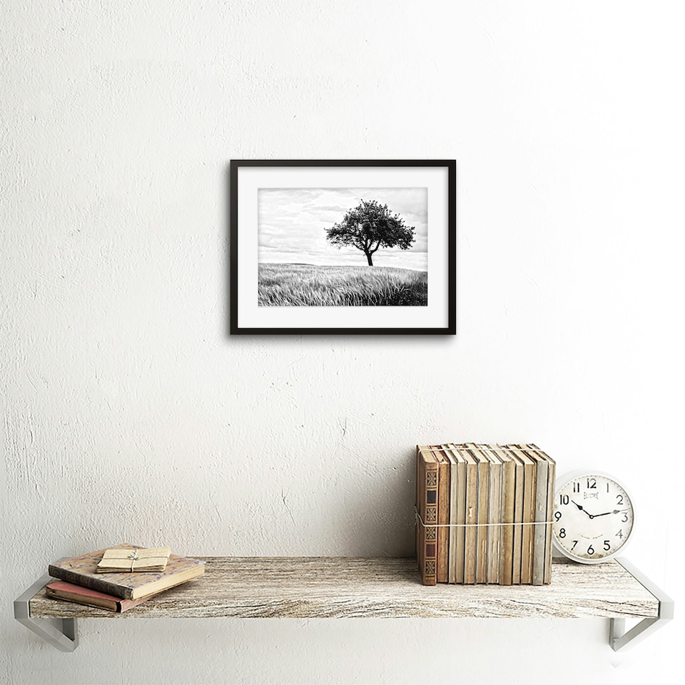 image 1 of Lone Tree Wheat Field Black White Photo 9x7" Black Framed Wall Art Print