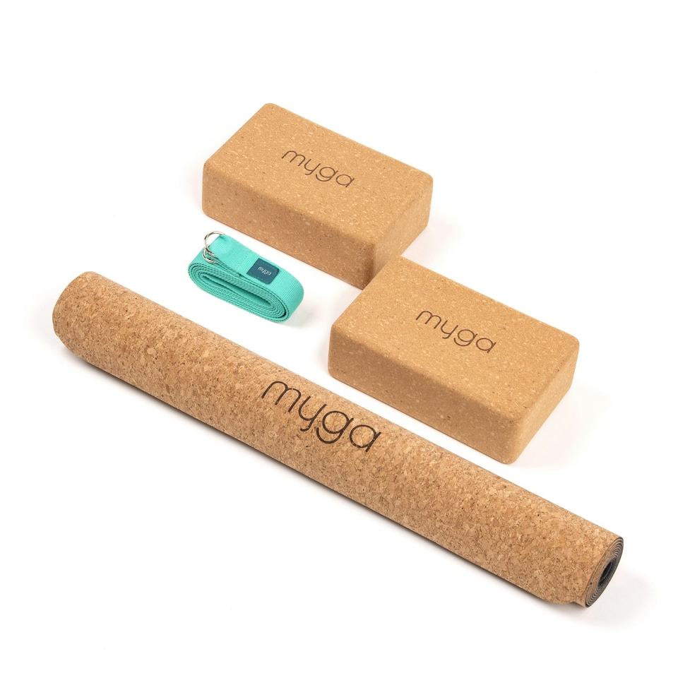 image 1 of Myga Cork Yoga Mat, Pair of Cork Blocks Strap - Turquoise