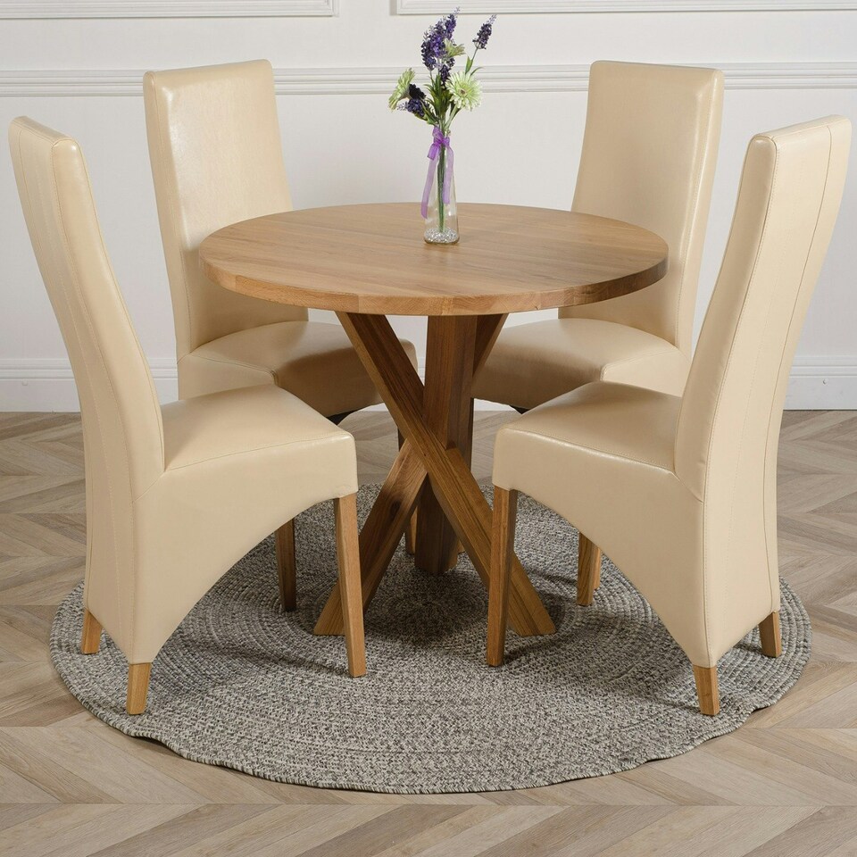 image 1 of Oregon Round Oak Dining Table with Lola Leather Chairs Cream