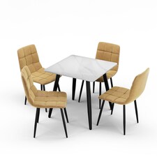 5-Piece Dining Set - 80cm Square Sintered Stone Table and 4 Velvet Chairs with Metal Legs | White | Gloss White & Yellow | 1