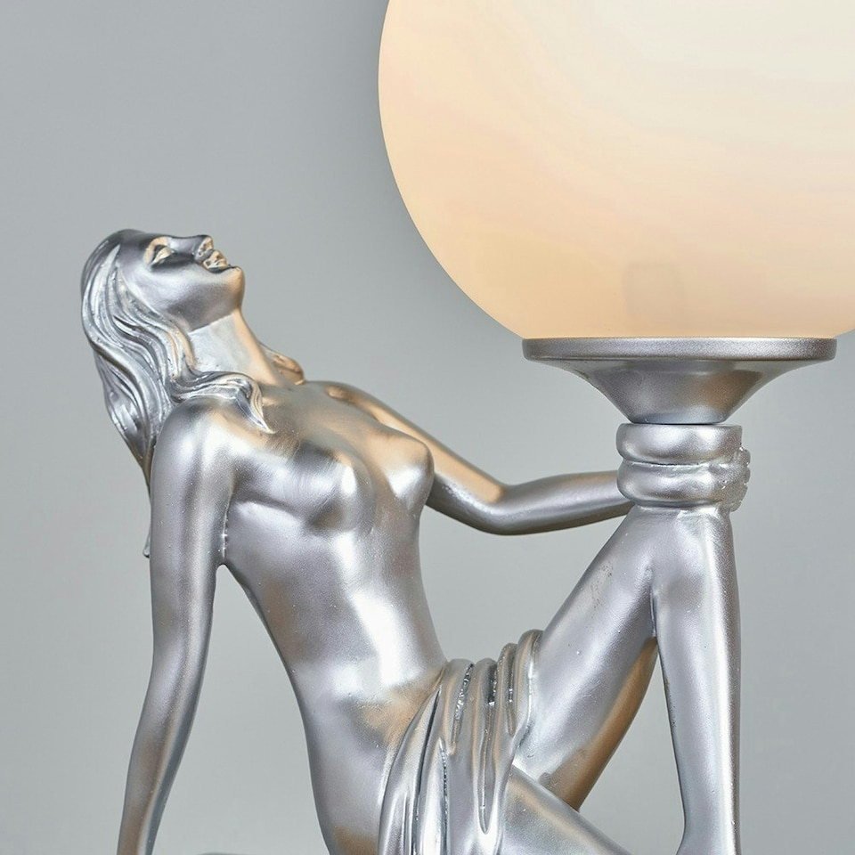 image 1 of ValueLights Matt Silver Art Deco Table Lamp With White Opal Glass Globe Shade
