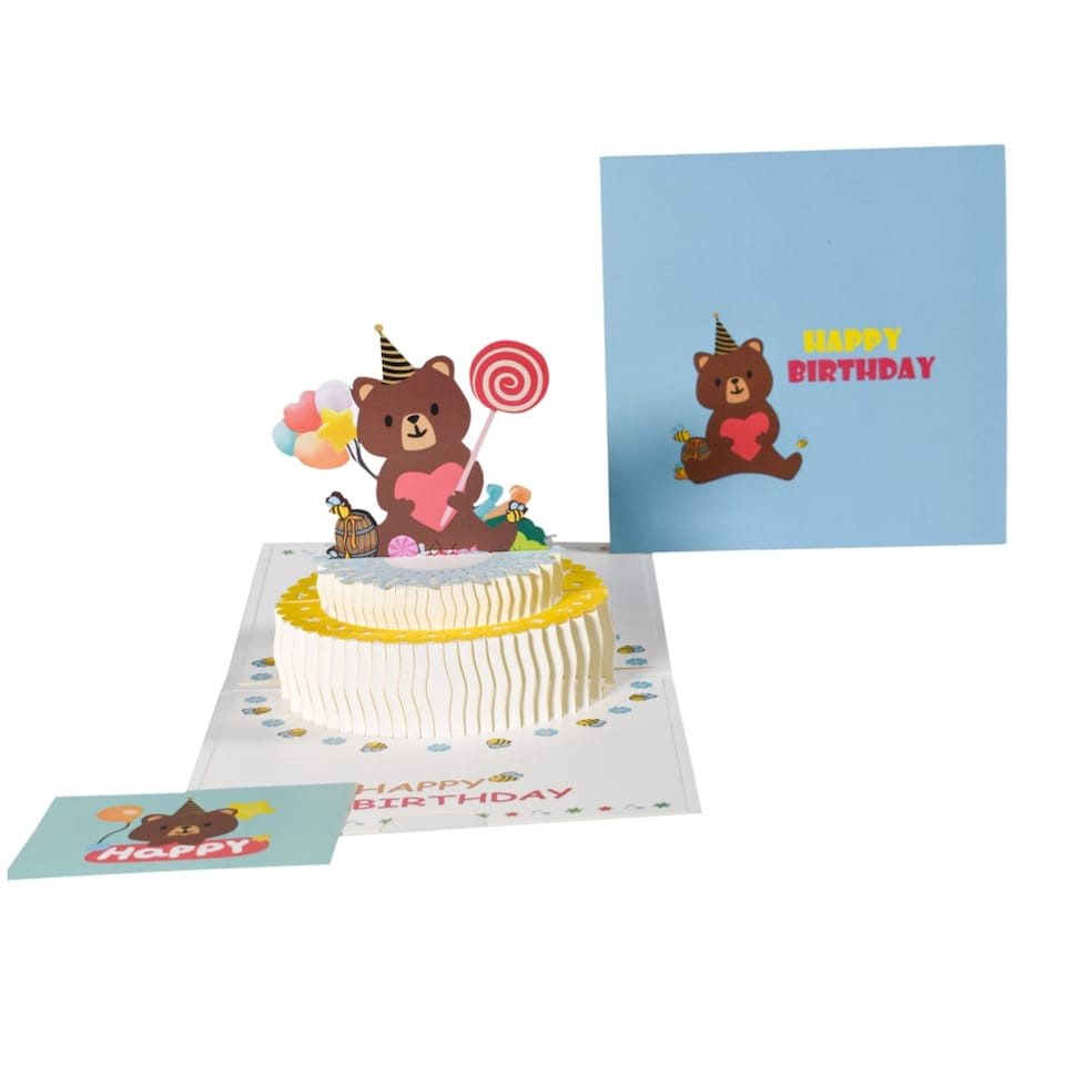 image 1 of Cake and Bear Holding Heart Design 3D Pop Up Birthday Card