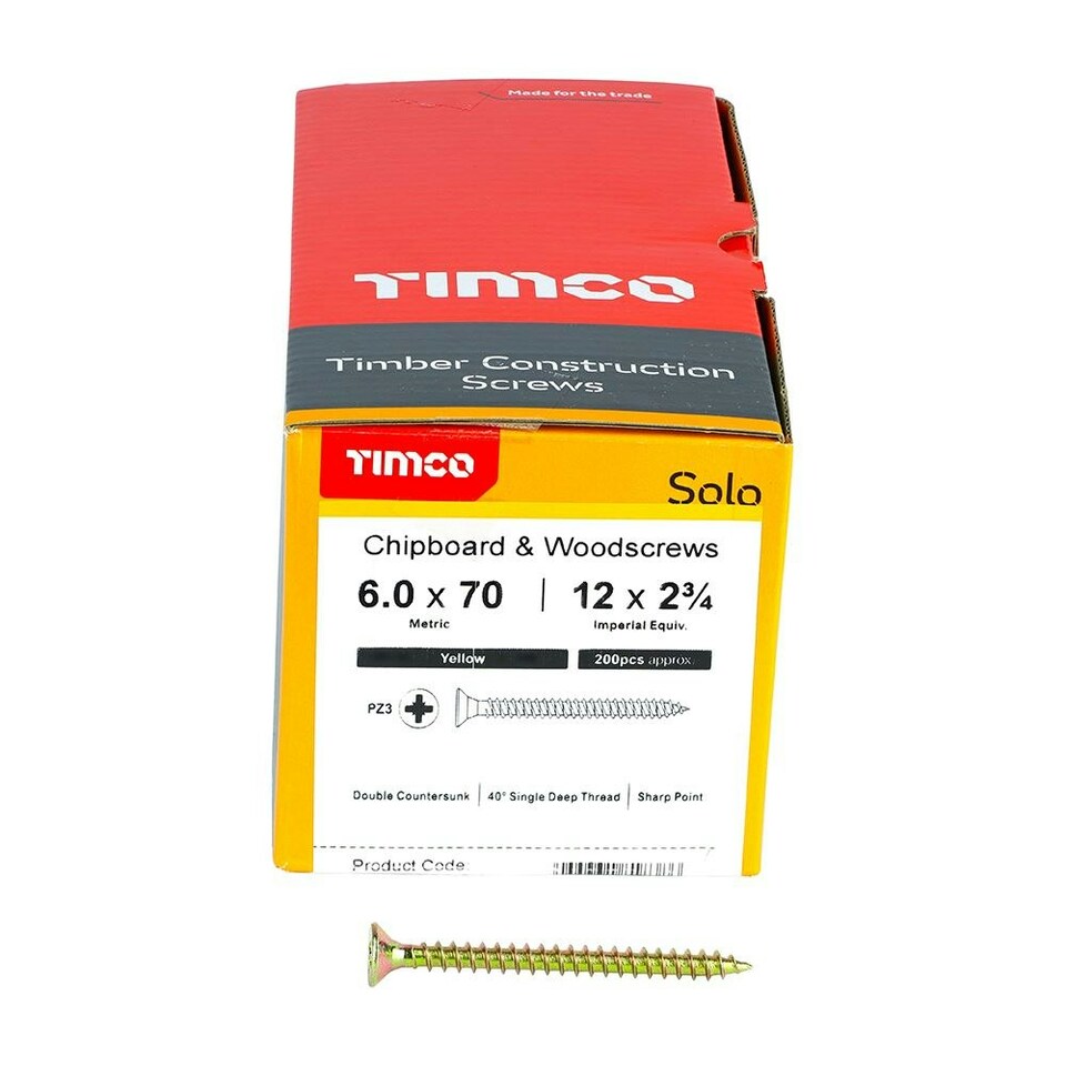image 1 of Timco - Solo Chipboard & Woodscrews - PZ - Double Countersunk - Yellow (Size 6.0 x 70 - 200 Pieces)