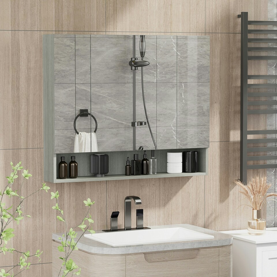 image 1 of kleankin Bathroom Cabinet Wall Mounted Mirror Adjustable Shelves