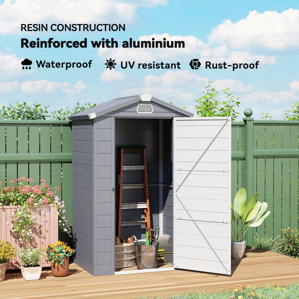 image 1 of Outsunny 4 x 3ft Plastic Garden Storage Shed with Foundation Kit, Polypropylene Outdoor Storage Tool House with Ventilation Slots and Lockable Door, Grey
