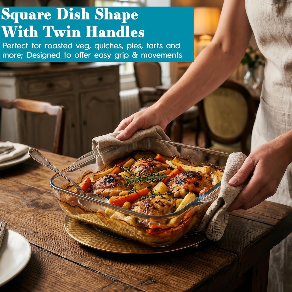 image 1 of Argon Tableware 2pc Square Glass Oven Dish Set - 2 Sizes - Baking Roasting Casserole Dishes for Lasagne Pasta Meat & Vegetables