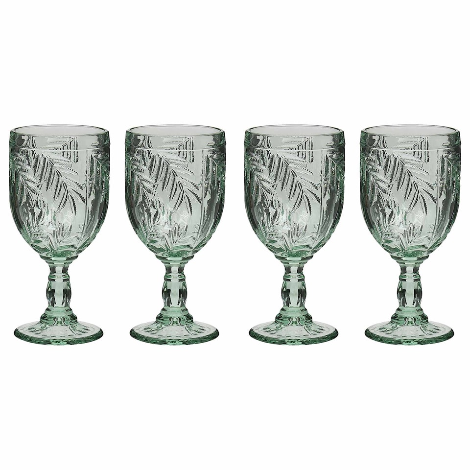 image 1 of Set of 4 Laurier Green Embossed Leaf Drinking Glass Spring Summer Wine Goblets 320ml