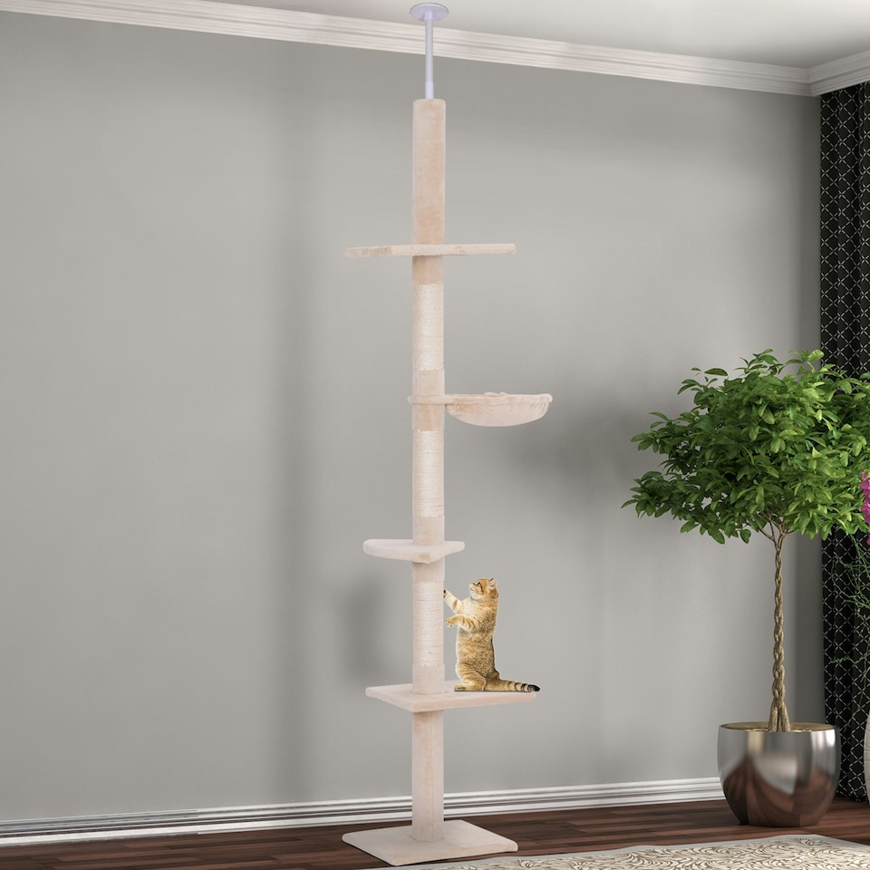 image 1 of PawHut Floor to Ceiling Cat Tree 5-Tier Climbing Tower Scratching Post Beige