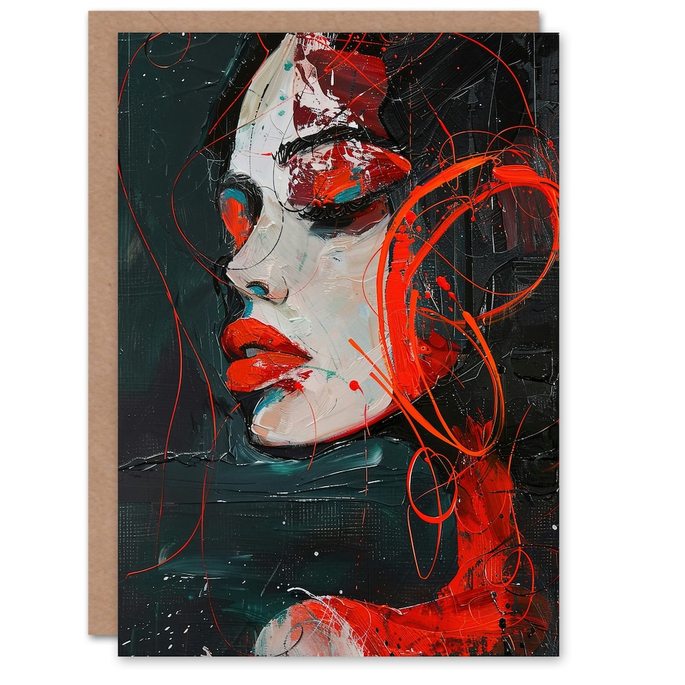 image 1 of Red Passion Woman Abstract Portrait Oil Painting Birthday Card
