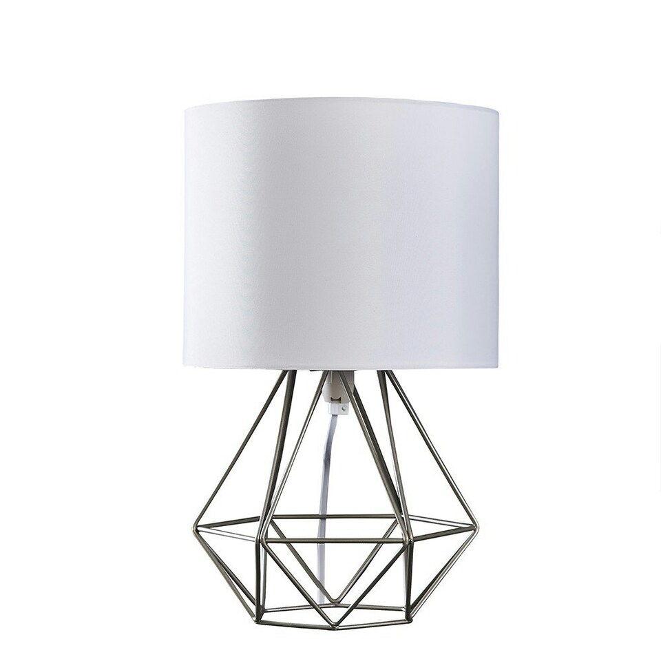 image 1 of ValueLights Angus Brushed Chrome Metal Basket Cage Bed Side Table Lamp with White Fabric Shade with LED Bulb