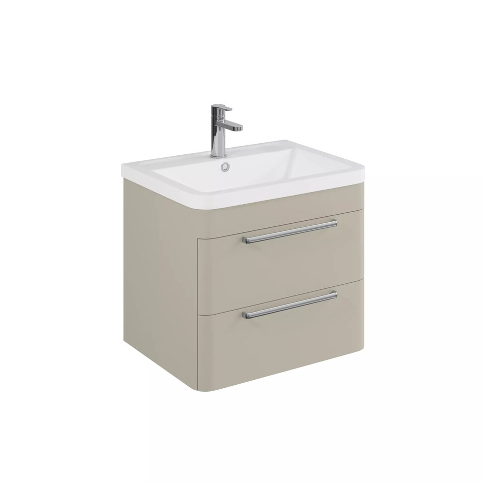 Balterley Contemporary Bathroom Wall Hung Vanity Unit with 2 Soft Close Drawers & 1 Tap Hole Ceramic Basin, Pebble Grey, 600mm