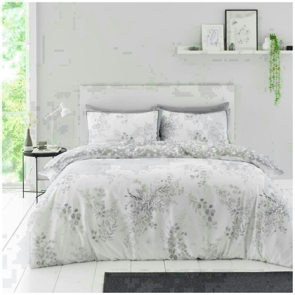 image 1 of Perla Floral Printed Duvet Cover Set Reversible Polycotton Beddings Grey | Double