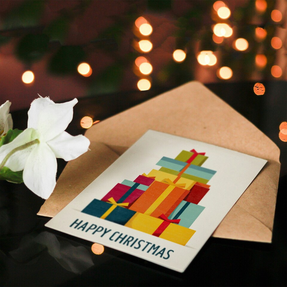 image 1 of Christmas Card Colourful Geometric Pile Of Xmas Presents