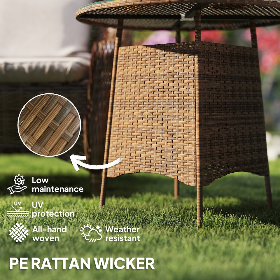 image 1 of Outsunny Wicker Garden Rattan Table, Patio Furniture Outdoor Coffee Table with Umbrella Hole and Tempered Glass Top, Brown | Brown | Brown