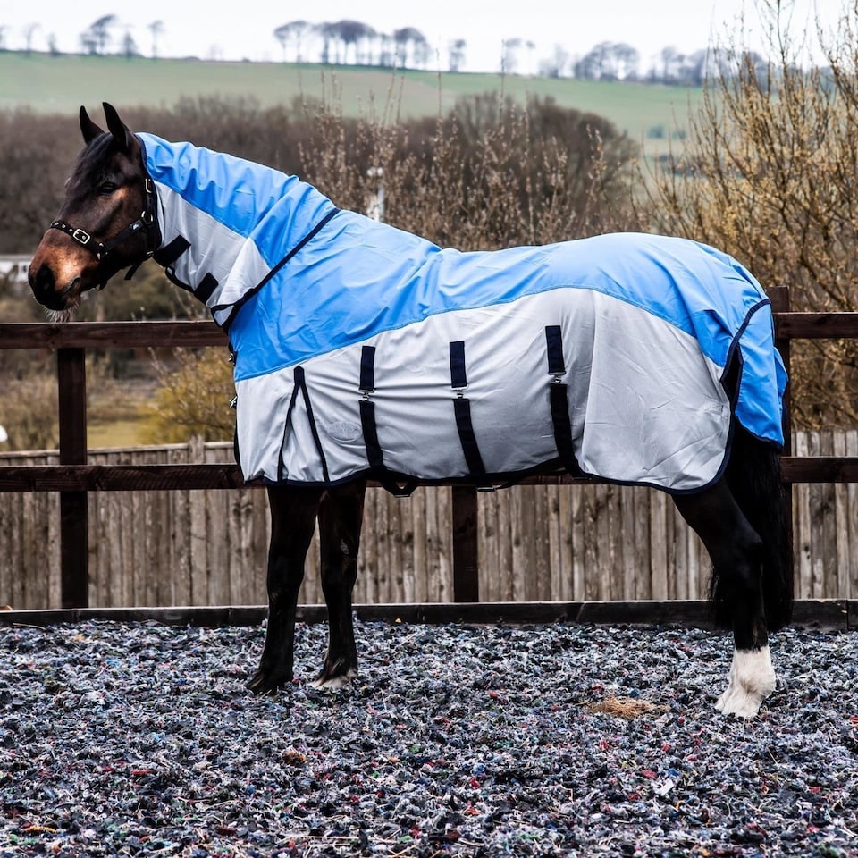 image 1 of eQuitack 600D 2 in 1 Waterproof Fly Turnout Mesh Horse Rug Fixed Neck Blue/Grey 6'3''